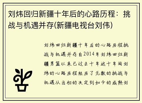 刘炜回归新疆十年后的心路历程：挑战与机遇并存(新疆电视台刘伟)