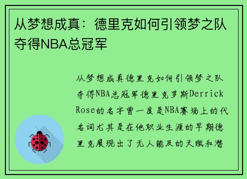 从梦想成真:德里克如何引领梦之队夺得NBA总冠军