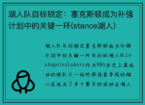 湖人队目标锁定:塞克斯顿成为补强计划中的关键一环(stance湖人)